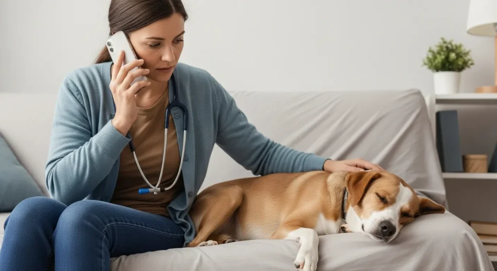 Concerned dog owner calling a veterinarian on phone while sitting beside resting dog