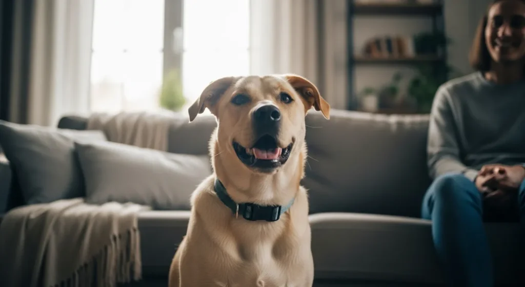 Happy male dog sitting calmly in living room with relaxed expression